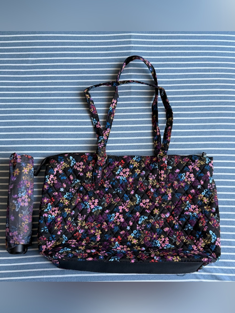 Quilted Floral Tote Bag in Black with Multicolor Flowers and umbrella